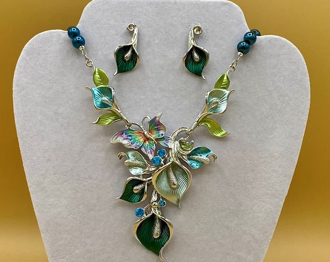 Teal Blue Butterfly & Flowers Bib Statement Necklace and Earring Set Plus Size Optional Matching Bracelet