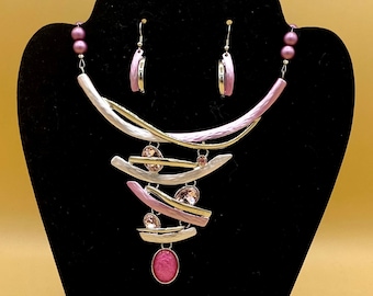 Purple & Pink Bib Statement Necklace and Earring Set  Optional Matching Bracelet