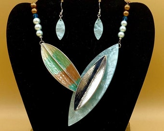 Large Aqua Resin & Silver Leaves Statement Necklace and Earring Set Optional Matching Bracelet