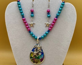 Colorful Sea Life Beach Tropical Starfish Necklace and Earring Set Includes Matching Magnetic Bracelet