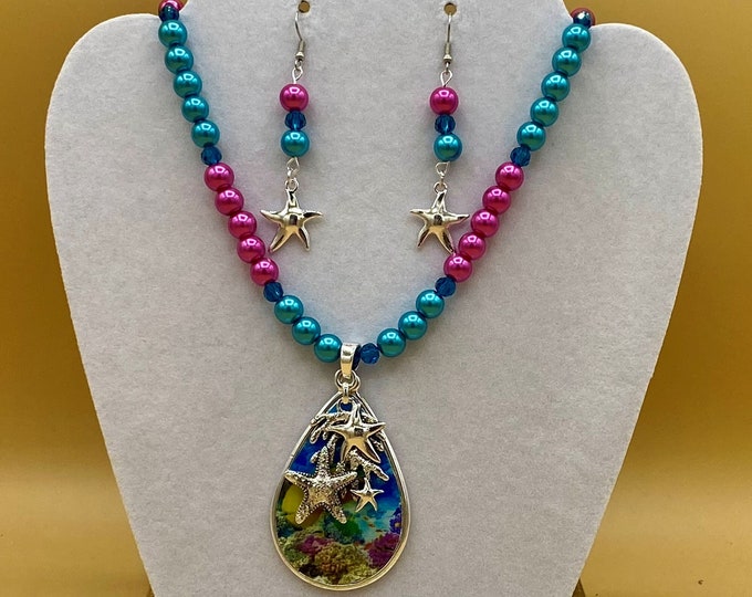 Colorful Sea Life Beach Tropical Starfish Necklace and Earring Set Includes Matching Magnetic Bracelet