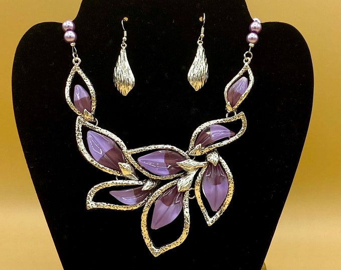 Hammered Silver & Purple Glass Bib Statement Necklace and Earring Set Optional Matching Bracelet