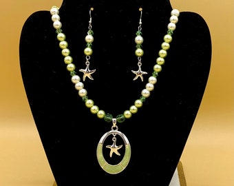 Green Opal Starfish Beach Tropical  Necklace and Earring Set Includes Matching Magnetic Bracelet