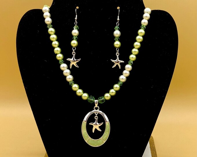 Green Opal Starfish Beach Tropical  Necklace and Earring Set Includes Matching Magnetic Bracelet
