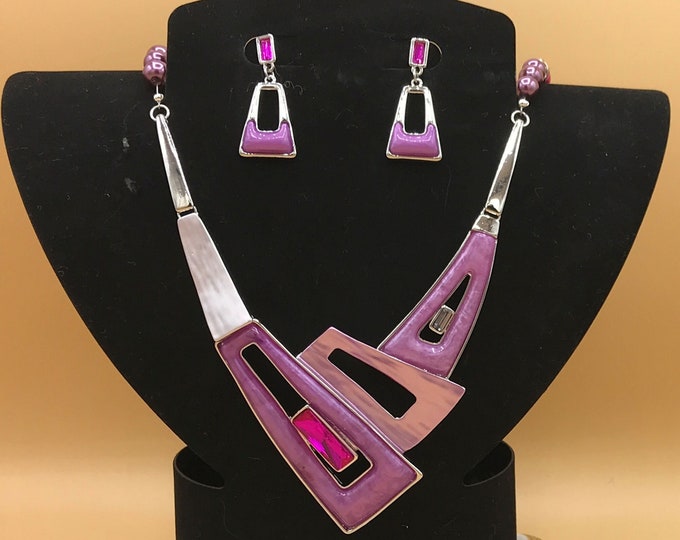 Shades of Purple Geometric Bib Statement Necklace and Earring Set Chunky Jewelry Toggle Glass Pearls Optional Matching Bracelet
