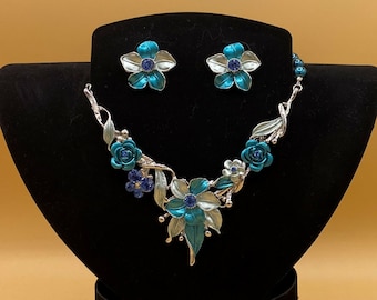 Teal Flowers Bib Statement Necklace and Earring Set Optional Matching Bracelet