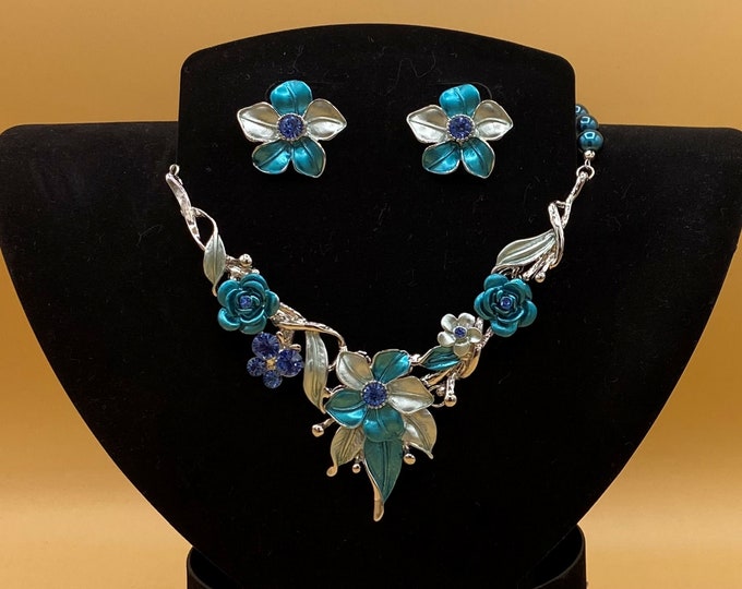 Teal Flowers Bib Statement Necklace and Earring Set Optional Matching Bracelet