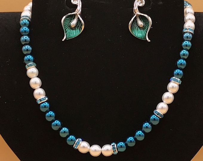 Teal & White Pearl Necklace Flower Earring Set Plus Size  Optional Matching Bracelet