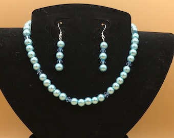 Light Blue Glass Pearl & Crystal Necklace and Earring Set Plus Size Optional Matching Bracelet