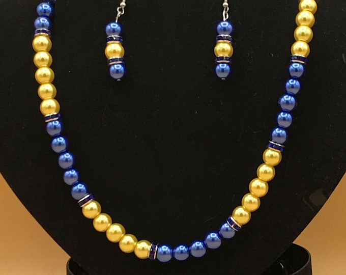 Royal Blue & Yellow Pearl Necklace and Earring Set Plus Size Beaded Crystal Glass Pearls Optional Matching Bracelet