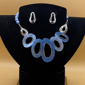 Modern Blue Bib Statement Necklace and Earring Set Optional Matching Bracelet