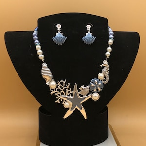 Blue Starfish Bib Statement Necklace and Earring Set Chunky Jewelry Toggle Glass Pearls Optional Matching Bracelet