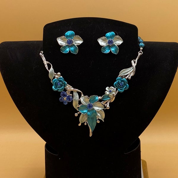Teal Flowers Bib Statement Necklace and Earring Set Optional Matching Bracelet