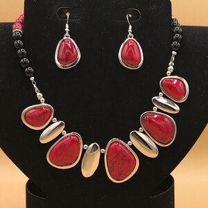 Red Stone and Silver Bib Statement Necklace & Earring Set Plus Size Crystal Optional Matching Bracelet