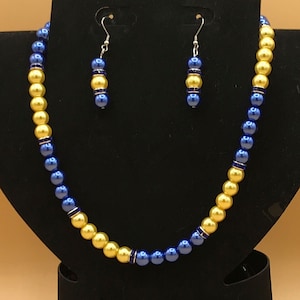 Royal Blue & Yellow Pearl Necklace and Earring Set Plus Size Beaded Crystal Glass Pearls Optional Matching Bracelet image 1