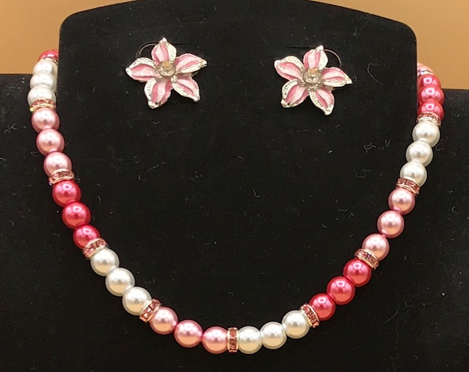 Trendy Pink Necklace and Enamel Flower Earring Set Plus Size Beaded Easy Toggle Crystal Glass Pearls Optional Matching Bracelet