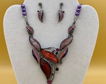 Shades of Purple Enamel and Crystal Statement Bib Necklace and Earring Set Optional Matching Bracelet