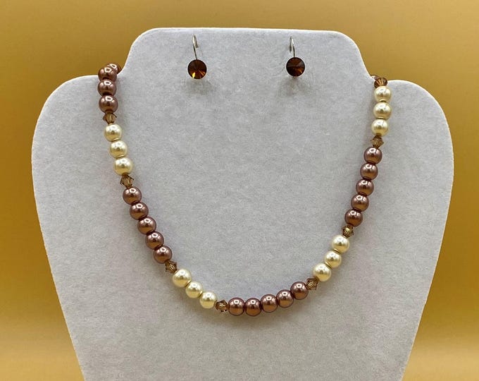 Brown & Cream Necklace and Crystal Earring Set Plus Size Hand Beaded Toggle Magnet
