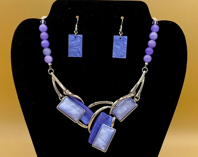 Blue Violet Glass Rectangles Bib Statement Necklace and Earring Set Optional Matching Bracelet