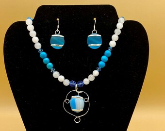 Light Blue Sea Glass Necklace and Earring Set Plus Size Optional Matching Bracelet