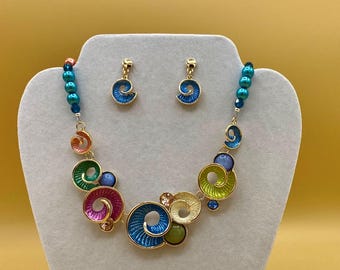 Colorful Enamel Statement Bib Necklace & Earring Set with Optional Matching Bracelet