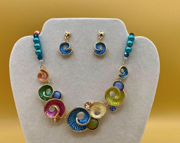Colorful Enamel Statement Bib Necklace & Earring Set with Optional Matching Bracelet