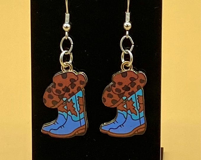 Blue and Brown Cowboy Hat & Boots Earrings Stainless Hook