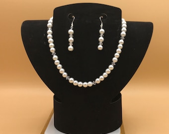 White Crystal Pearl Necklace and Earring Set: Bridal Jewelry
