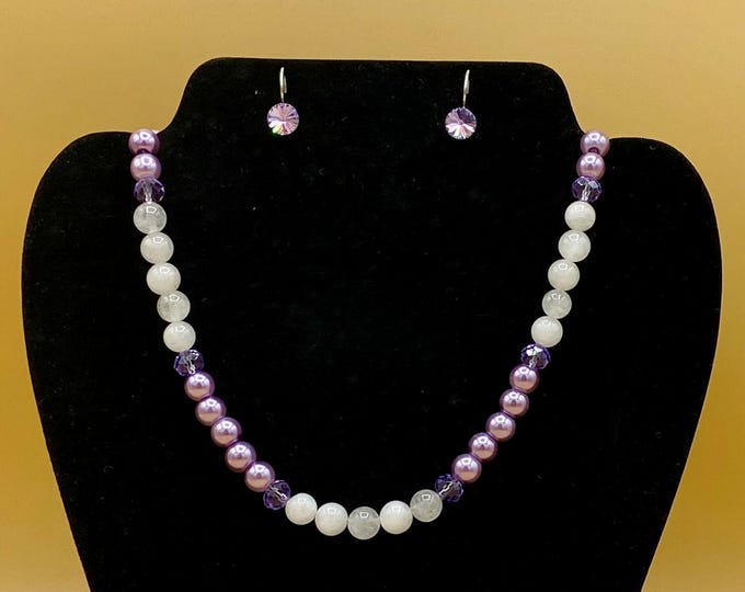 Lilac and White Pearl & Crystal Necklace and Earring Set Plus Size Hand Beaded Toggle Magnet
