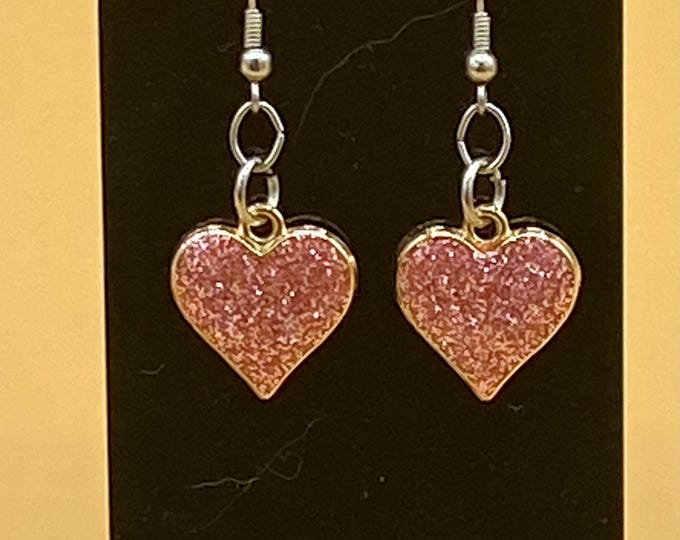 Valentine's Pink Glitter Heart Earrings Stainless Hook
