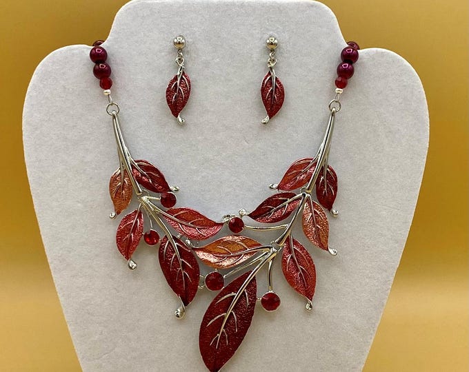 Red Enamel Leaf Bib Necklace & Earring Set: Magnetic Clasp, Plus Size Option