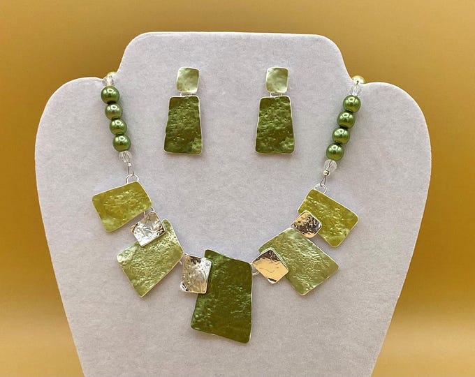 Olive Tones Bib Statement Necklace and Earring Set Magnetic Clasp Optional Matching Bracelet