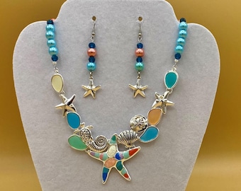 Colorful Sea Glass and Enamel Starfish Bib Necklace & Earring Set with Optional Matching Bracelet