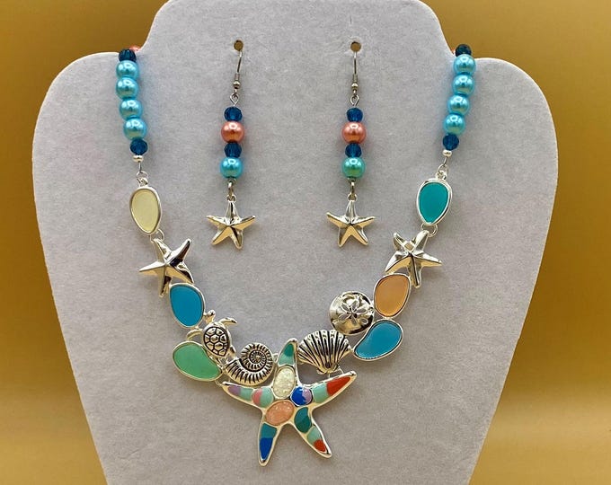 Colorful Sea Glass and Enamel Starfish Bib Necklace & Earring Set with Optional Matching Bracelet
