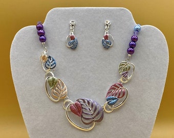 Multicolor Leaves Bib Statement Necklace & Earring Set Plus Size Optional Matching Bracelet