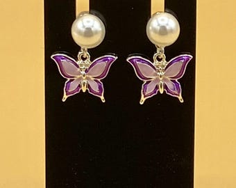 Purple Butterfly & Pearl Earrings Stainless Steel