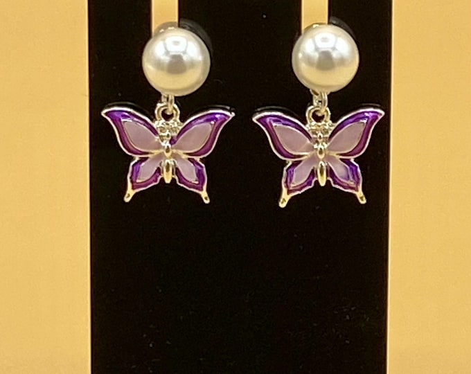 Purple Butterfly & Pearl Earrings Stainless Steel