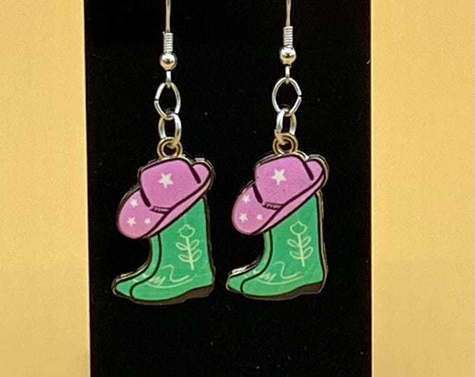 Green and Pink Cowboy Hat & Boots Earrings Stainless Hook