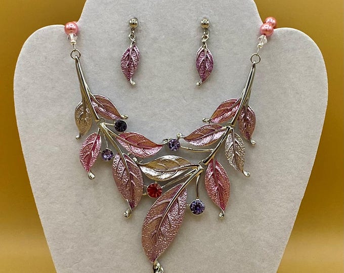 Lilac Purple Enamel Leaf Bib Necklace & Earring Set: Magnetic Clasp, Plus Size Option