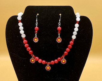 Red Daisy Necklace & Earring Set