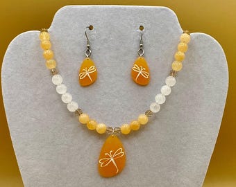Orange Sea Glass Dragonfly Beach Tropical  Necklace and Earring Set Includes Matching Magnetic Bracelet