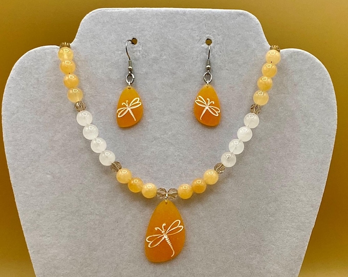 Orange Sea Glass Dragonfly Beach Tropical  Necklace and Earring Set Includes Matching Magnetic Bracelet