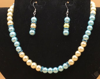 Light Blue & Yellow Pearl Necklace and Earring Set Plus Size Hand Beaded Optional Matching Bracelet