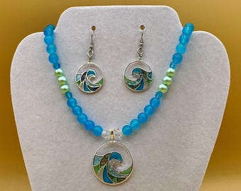 Stain Glass Ocean Wave Necklace & Earring Set with Optional Matching Bracelet