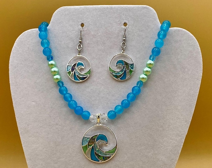 Stain Glass Ocean Wave Necklace & Earring Set with Optional Matching Bracelet