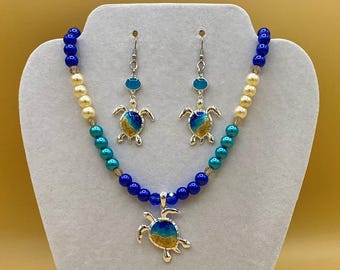 Turtle Sand Ocean Necklace & Earring Set with Optional Matching Bracelet