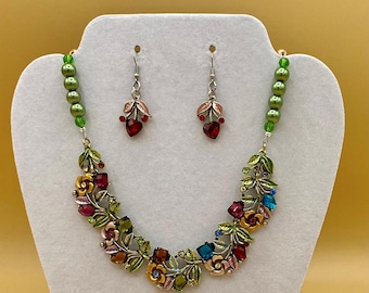 Colorful Flowers and Crystals Bib Necklace & Earring Set with Matching Bracelet