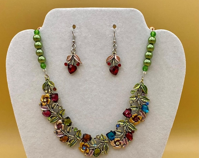 Colorful Flowers and Crystals Bib Necklace & Earring Set with Optional Matching Bracelet