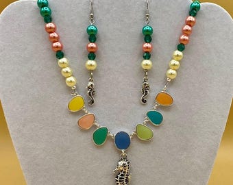Colorful Sea Glass Seahorse Beach Tropical Bib Statement Necklace and Earring Set Includes Matching Magnetic Bracelet