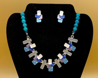 Blue Rectangles Bib Necklace & Earring Set with Optional Matching Bracelet